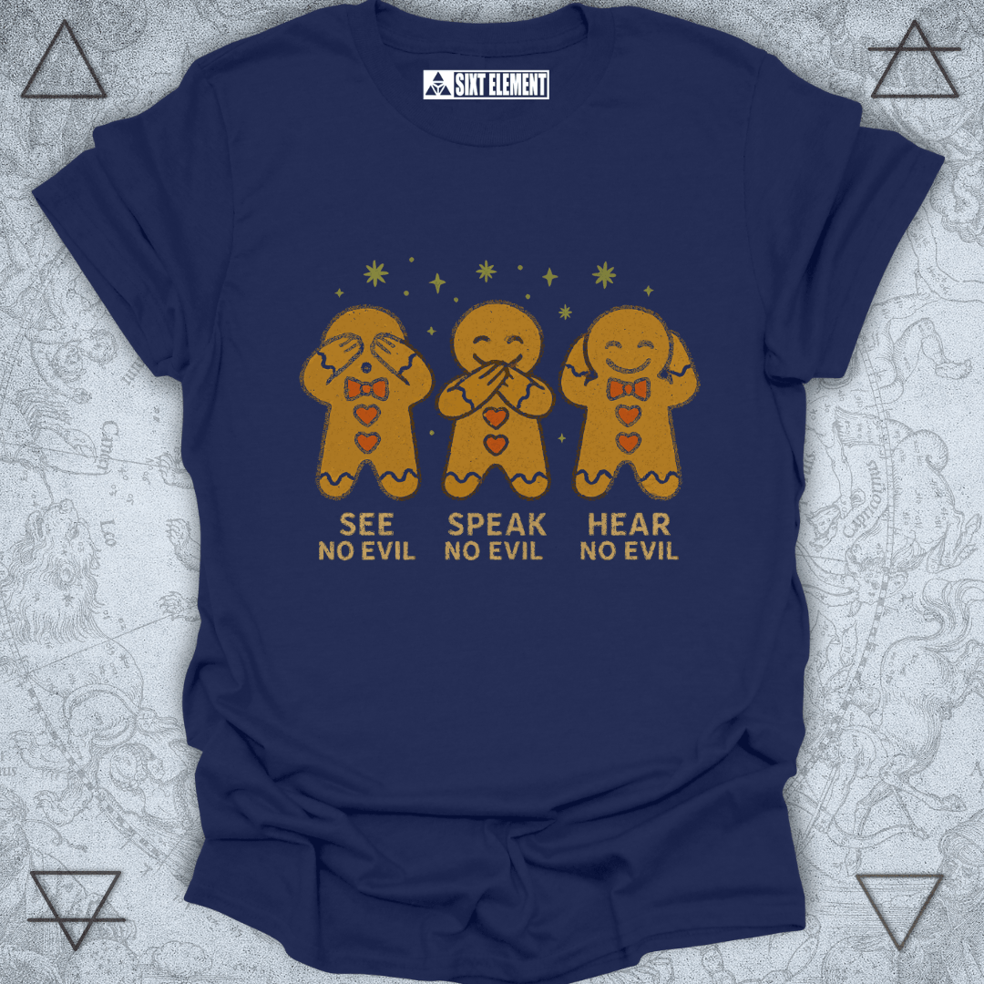 Navy blue t-shirt with gingerbread men graphic and text on a textured gray background