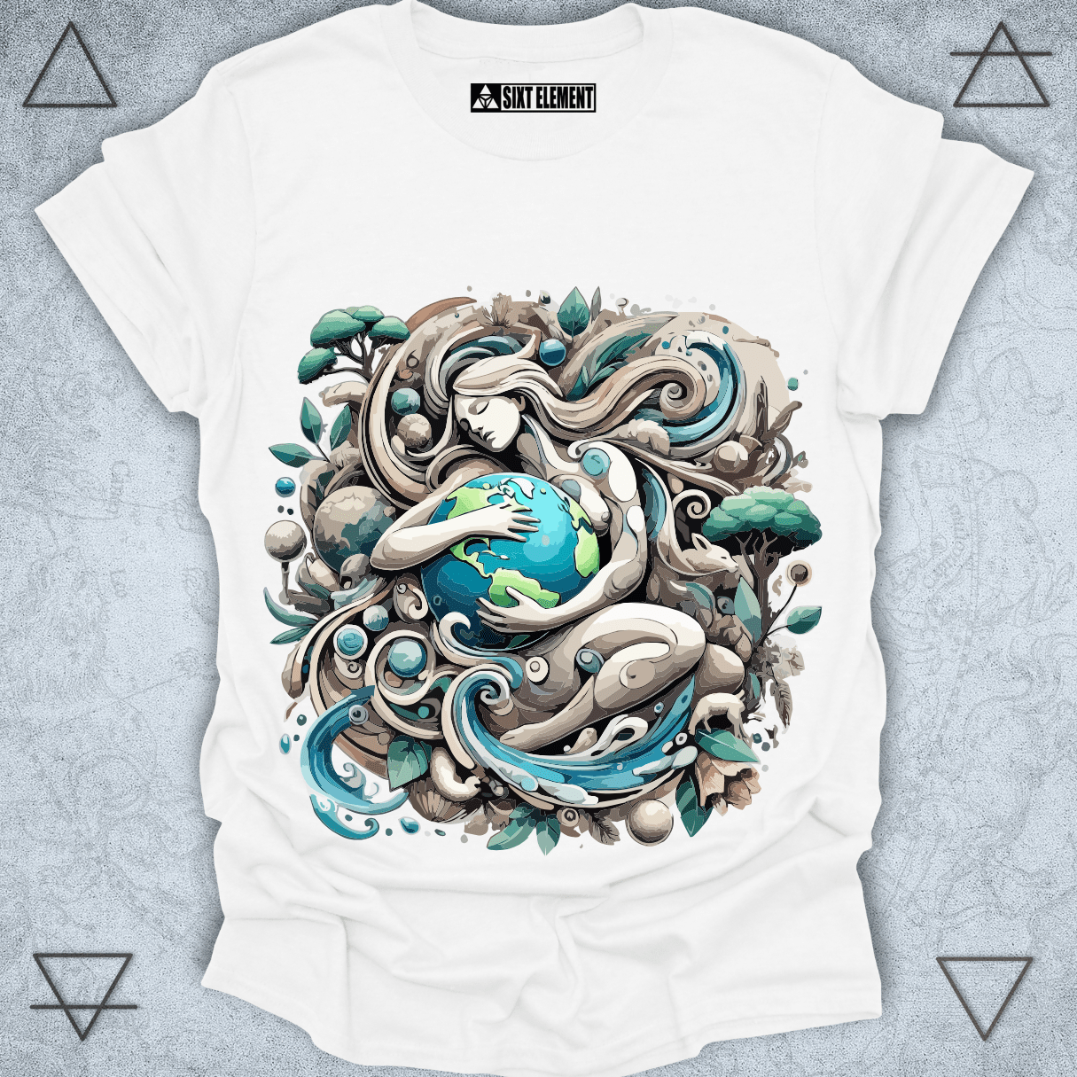 Surreal Mother Earth t-shirt design featuring a goddess figure embracing the planet, surrounded by flowing natural elements, wildlife, and intricate organic patterns.