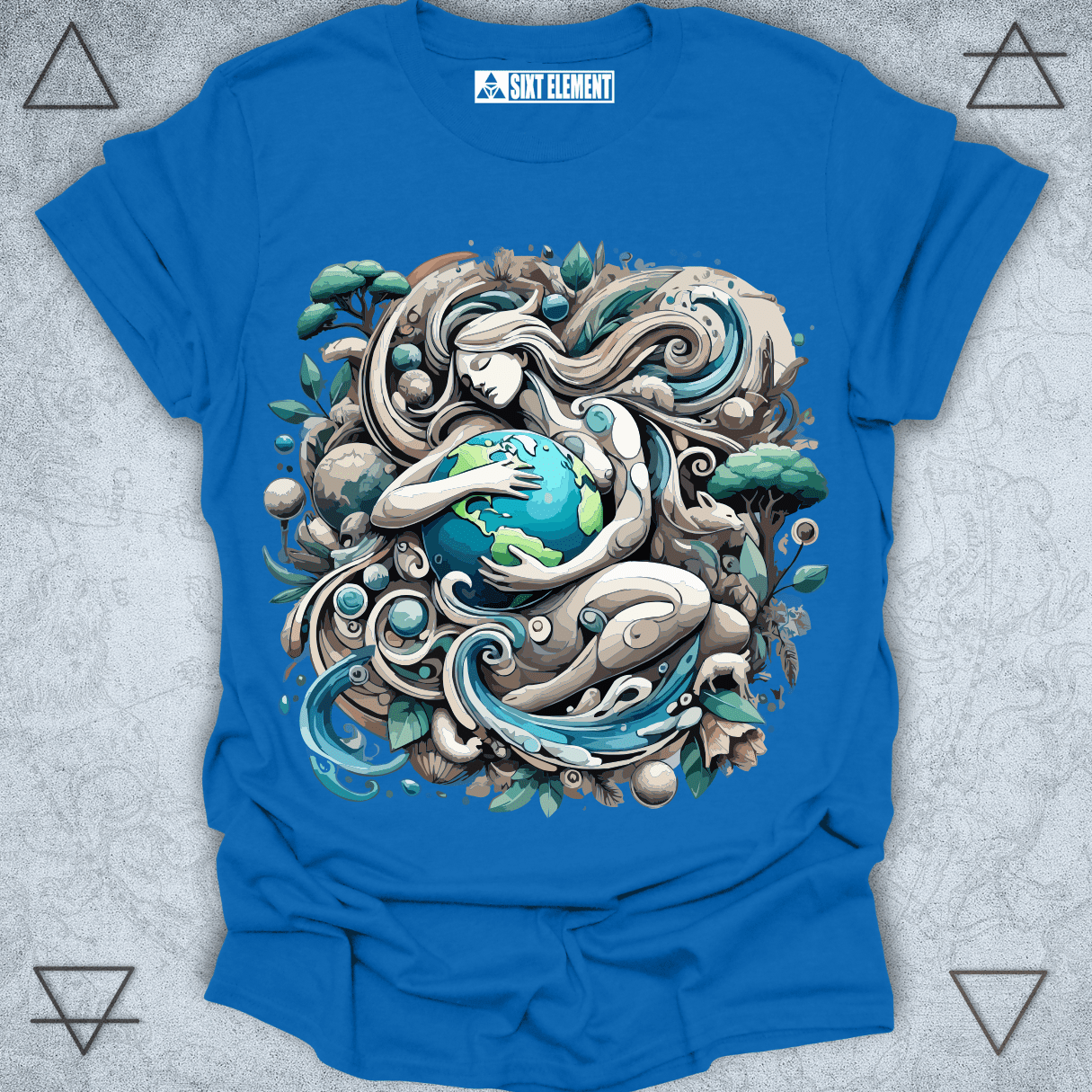 Surreal Mother Earth t-shirt design featuring a goddess figure embracing the planet, surrounded by flowing natural elements, wildlife, and intricate organic patterns.