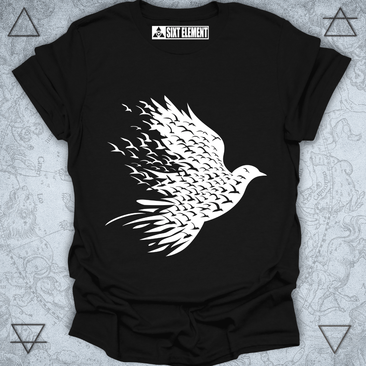 Boho-style flock of birds silhouette design symbolizing freedom and unity – perfect for nature-inspired t-shirts by Sixt Element