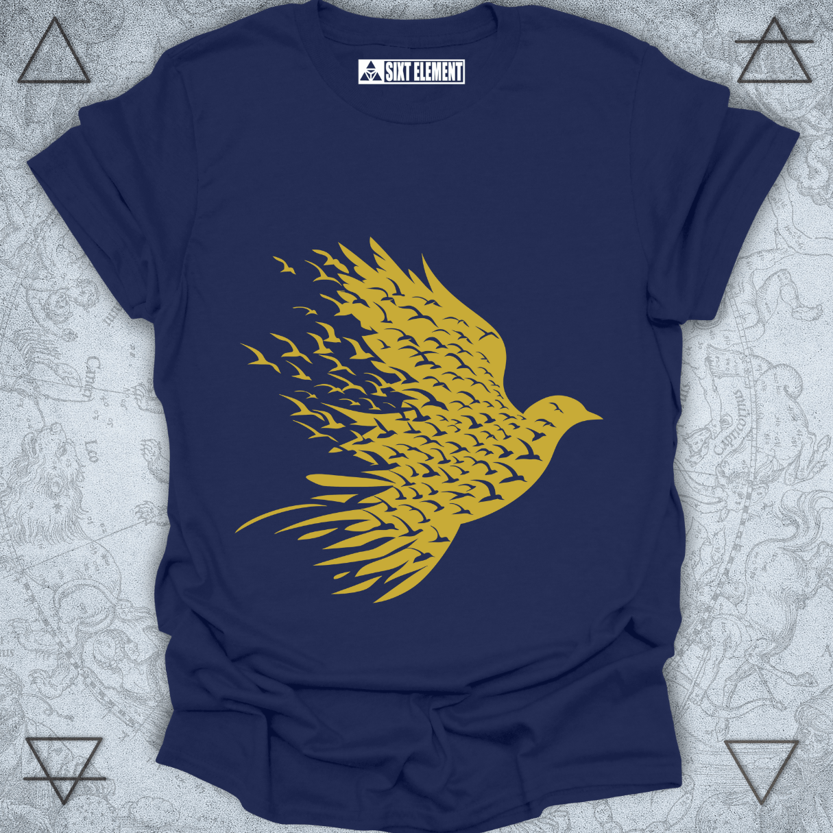 Boho-style flock of birds silhouette design symbolizing freedom and unity – perfect for nature-inspired t-shirts by Sixt Element