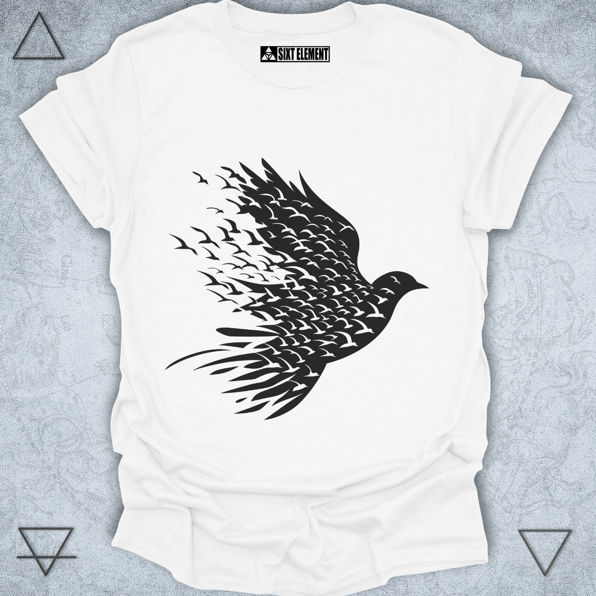 Boho-style flock of birds silhouette design symbolizing freedom and unity – perfect for nature-inspired t-shirts by Sixt Element