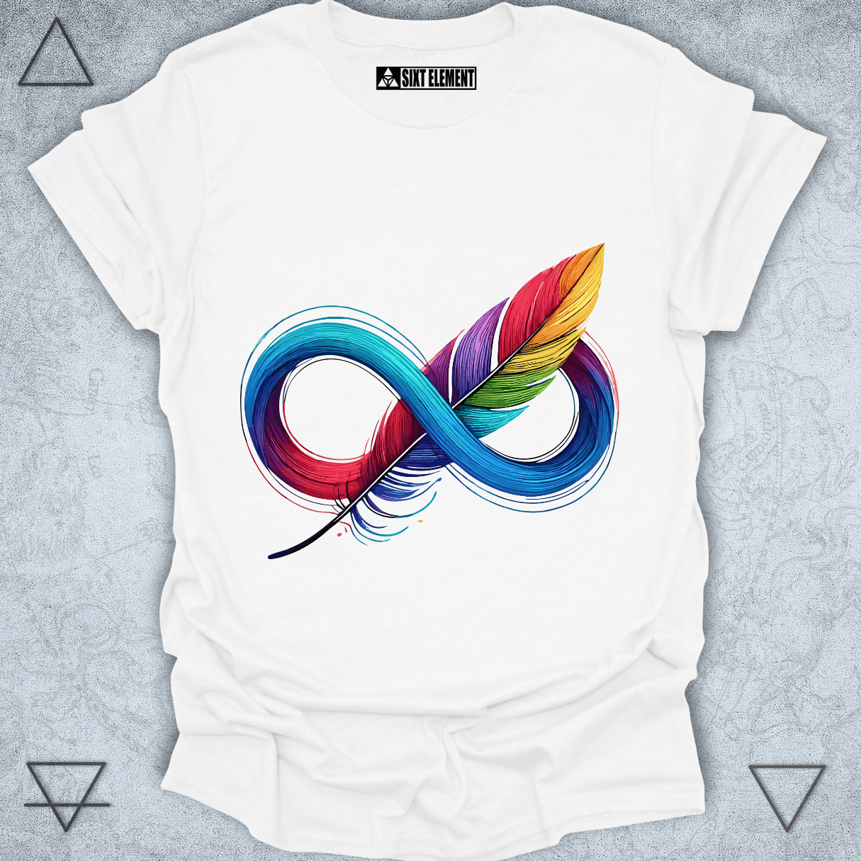 Colorful infinity feather design for boho t-shirt representing balance and freedom