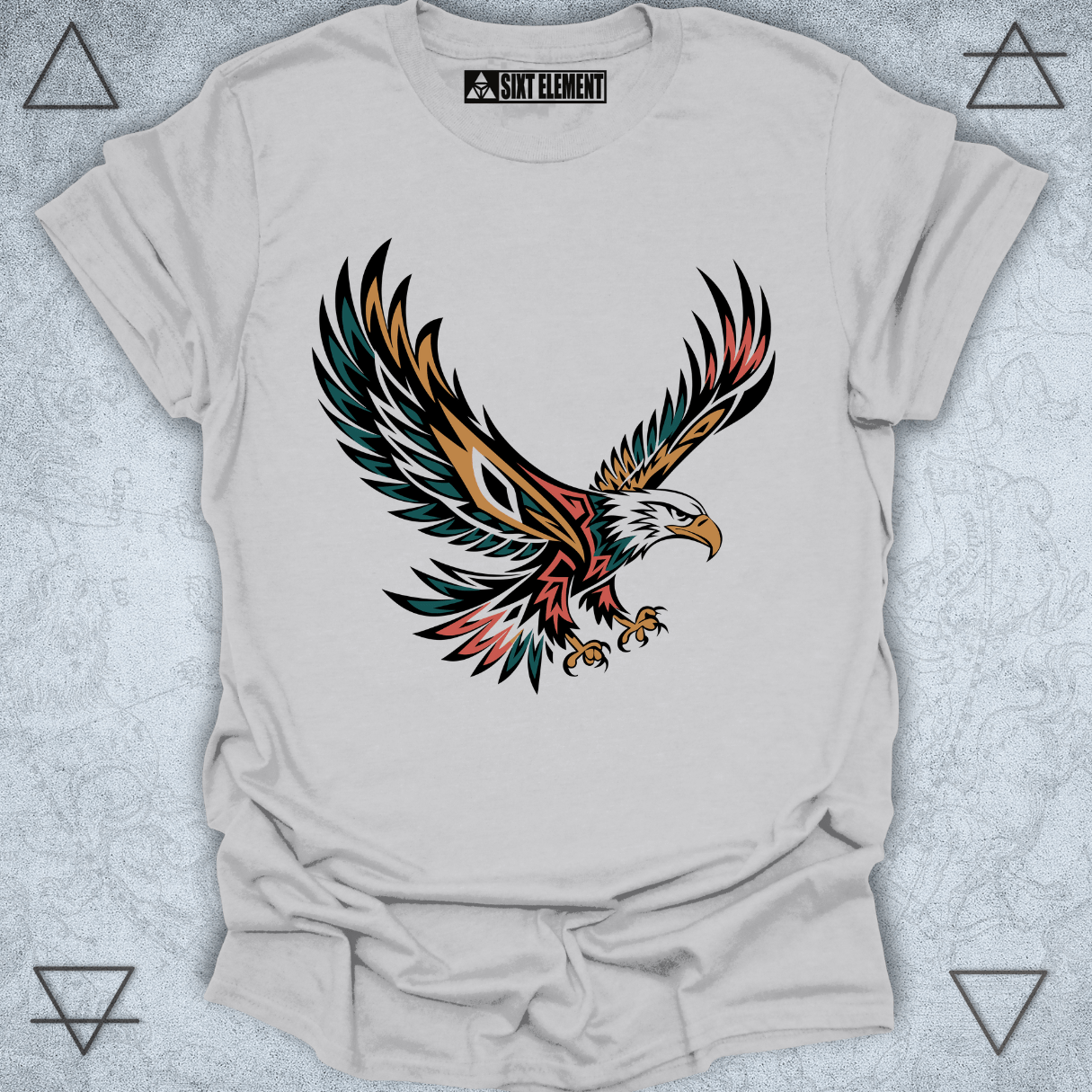 Colorful tribal eagle graphic in flight with stylized feathers on a premium quality black t-shirt – bold native-inspired elemental design