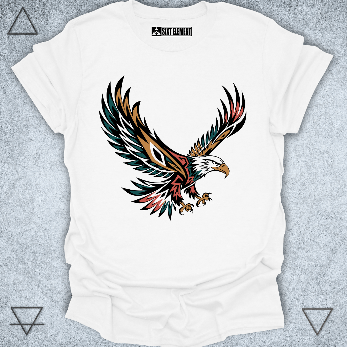 Colorful tribal eagle graphic in flight with stylized feathers on a premium quality black t-shirt – bold native-inspired elemental design