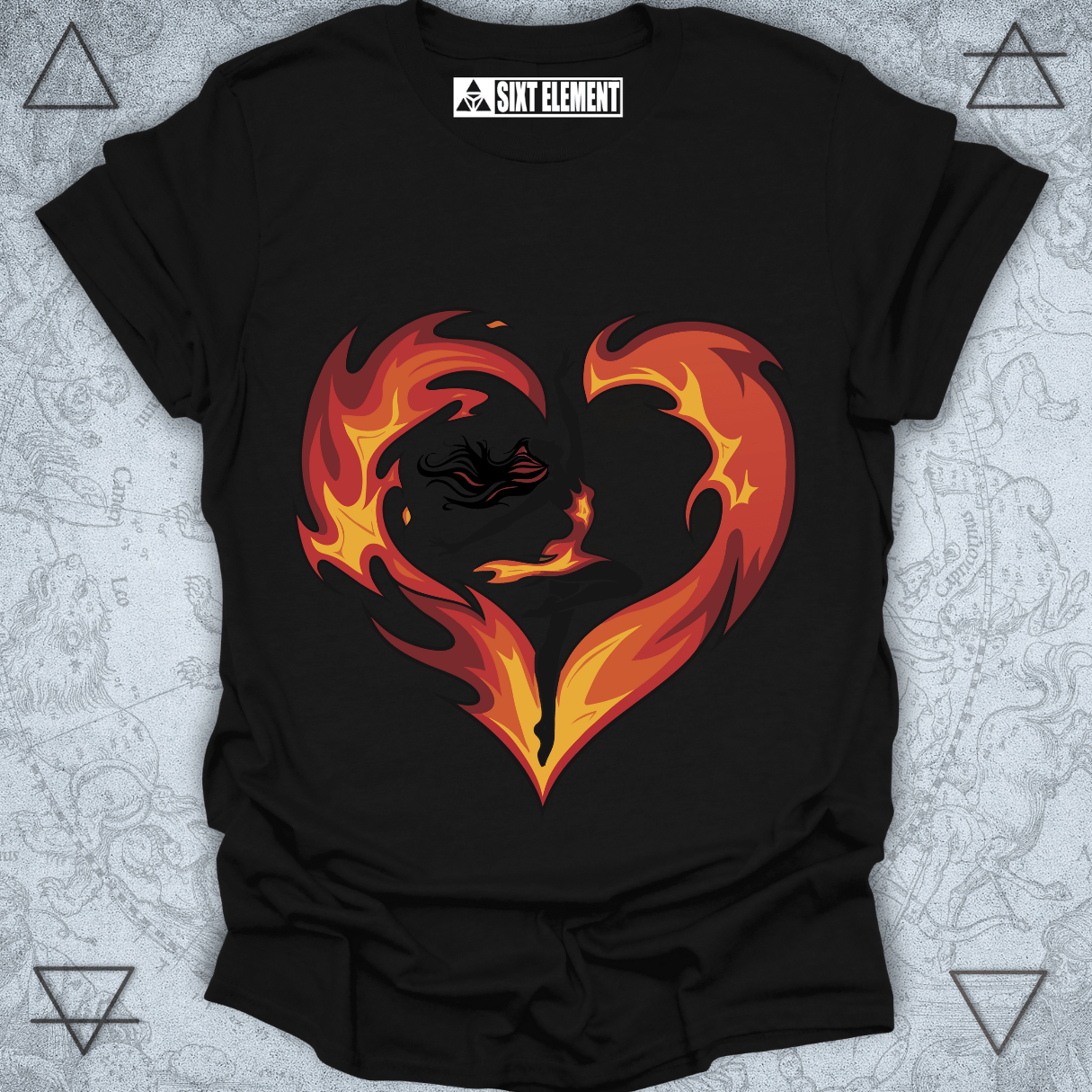 Boho fire element t-shirt design featuring a dancer in a heart-shaped flame