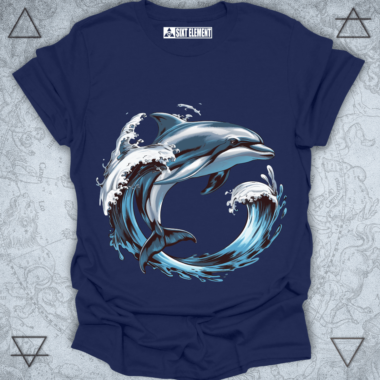 Boho ocean element t-shirt design with dolphin leaping through waves
