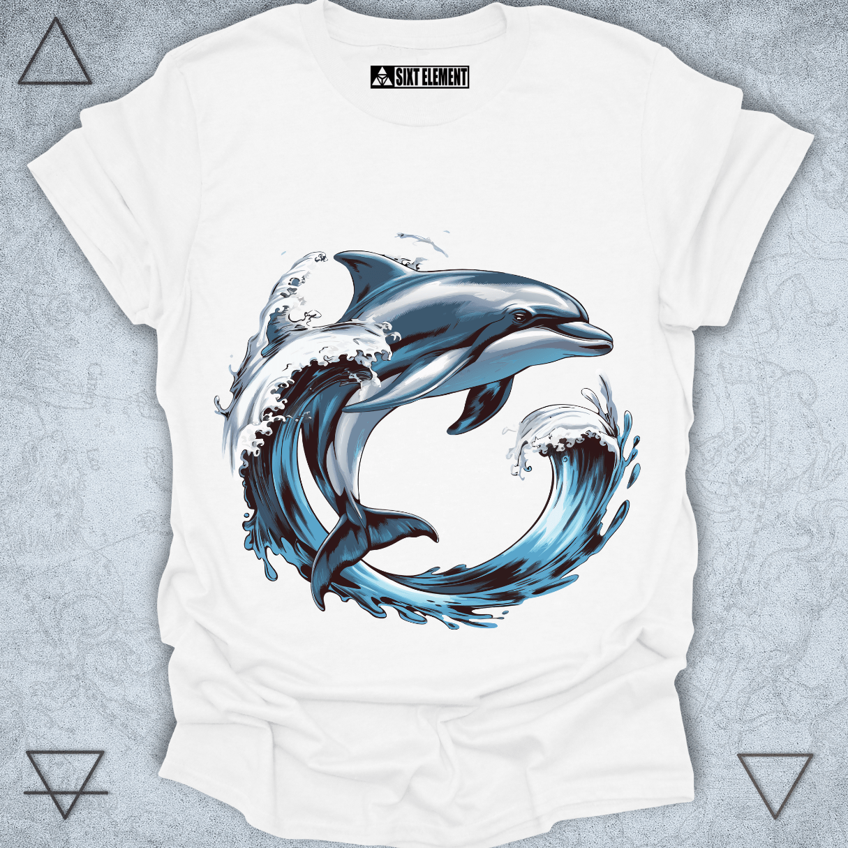 Boho ocean element t-shirt design with dolphin leaping through waves