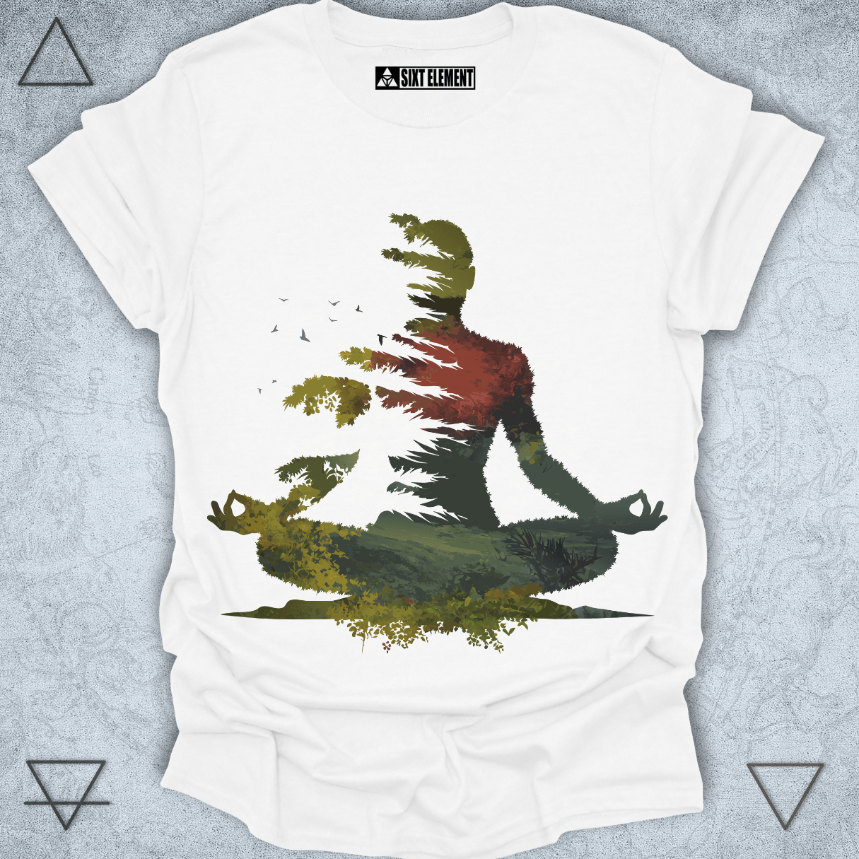 Meditative figure t-shirt design blended with forest nature elements in boho style
