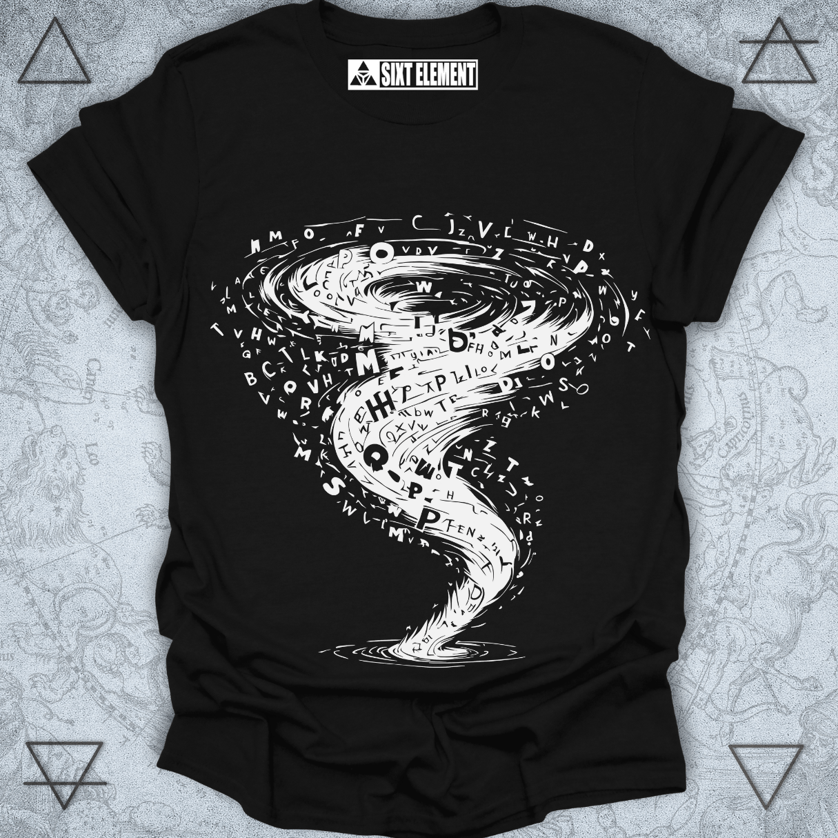 Tornado vortex made of scattered letters t-shirt design in boho artistic style