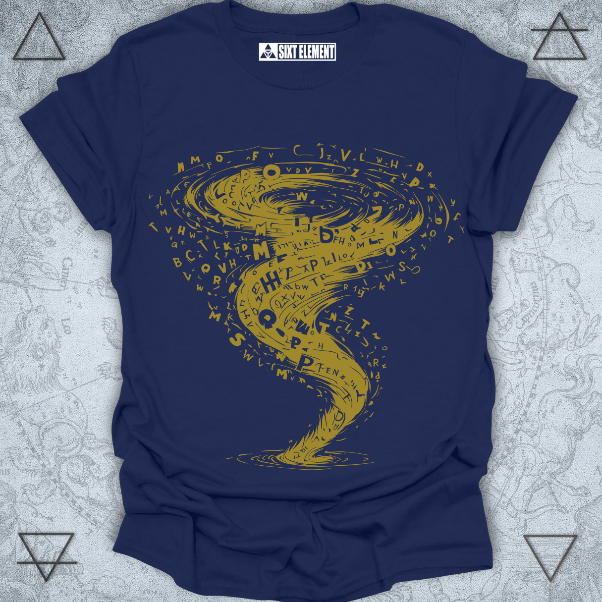 Tornado vortex made of scattered letters t-shirt design in boho artistic style