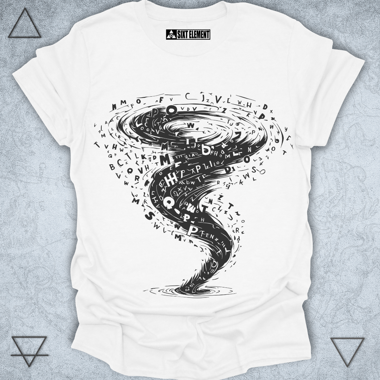Tornado vortex made of scattered letters t-shirt design in boho artistic style