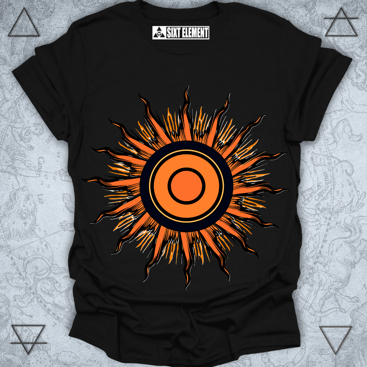 Radiant sunburst mandala design t-shirt in celestial style