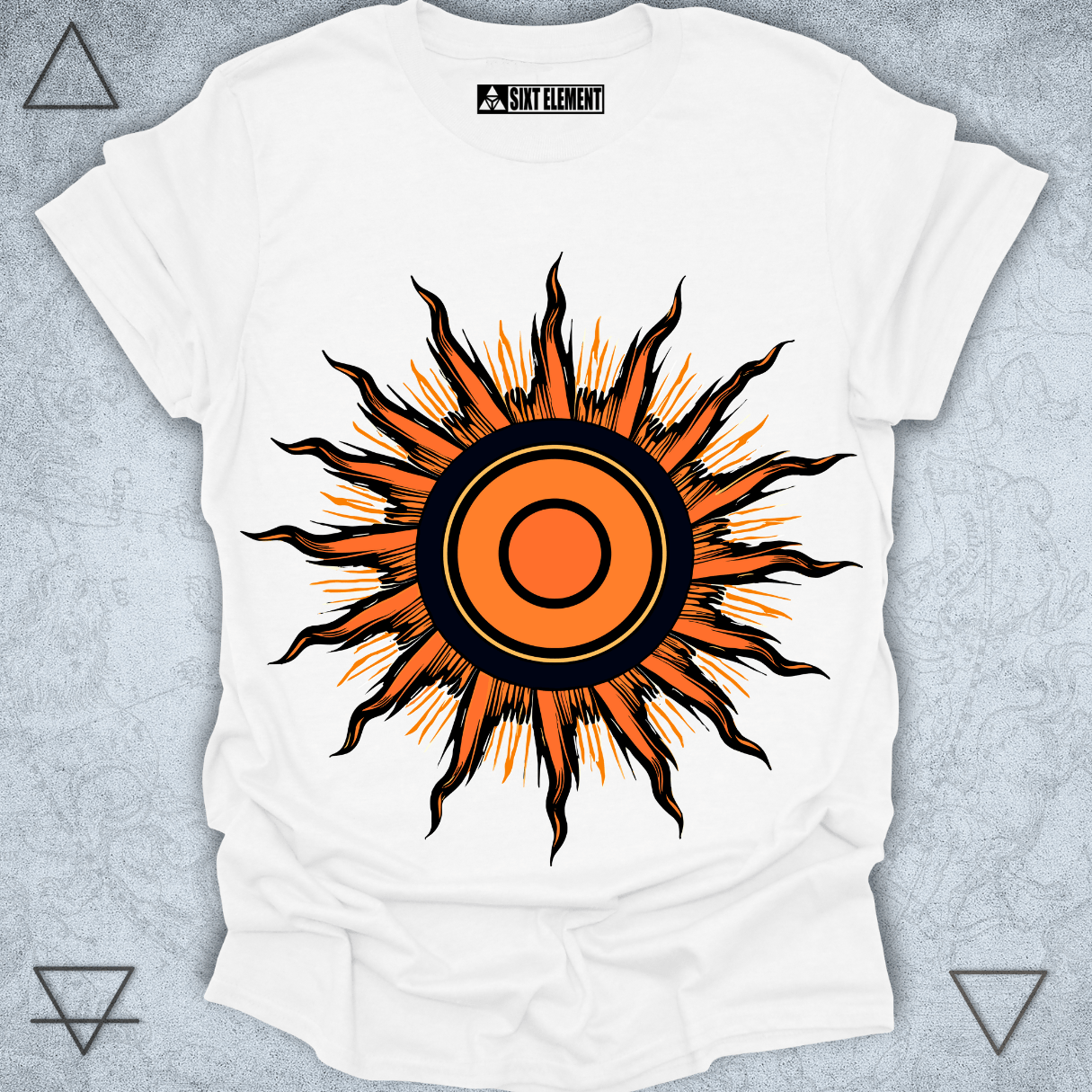 Radiant sunburst mandala design t-shirt in celestial style