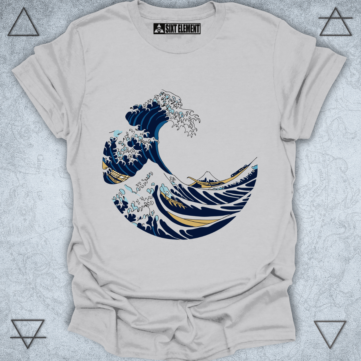 The Great Wave Tribute t-shirt design featuring stylized ocean wave and boats inspired by Japanese art.