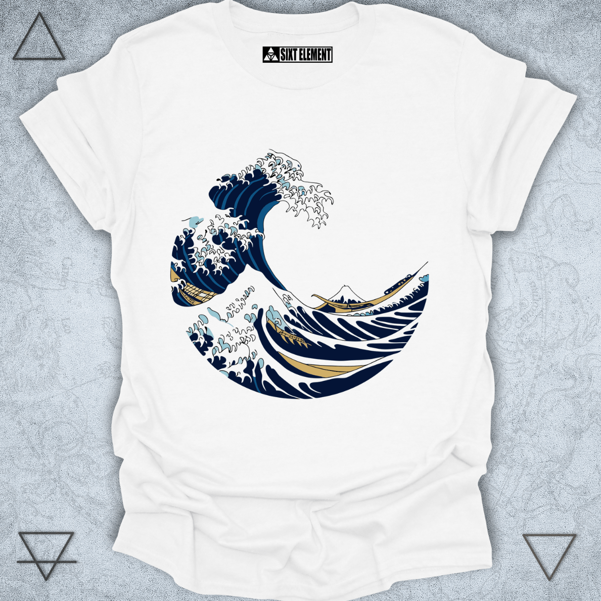 The Great Wave Tribute t-shirt design featuring stylized ocean wave and boats inspired by Japanese art.