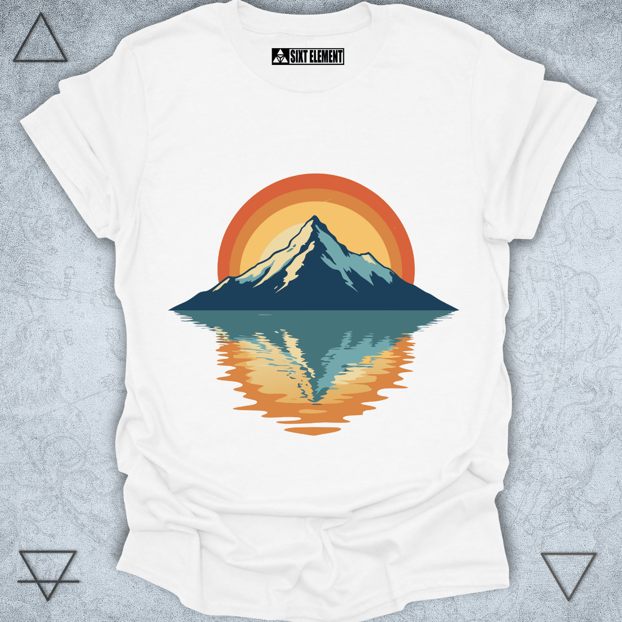 Mountain Reflection Sunset t-shirt design with mountain peak and mirrored lake under retro sun