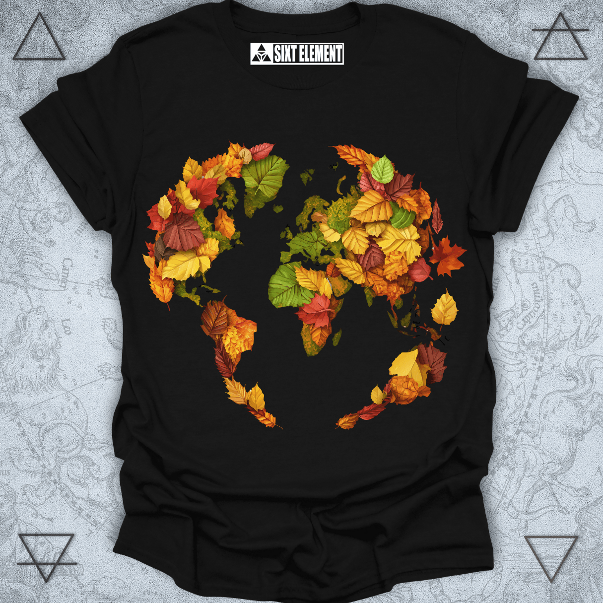 Boho earth element t-shirt design featuring a world map made of colorful autumn leaves