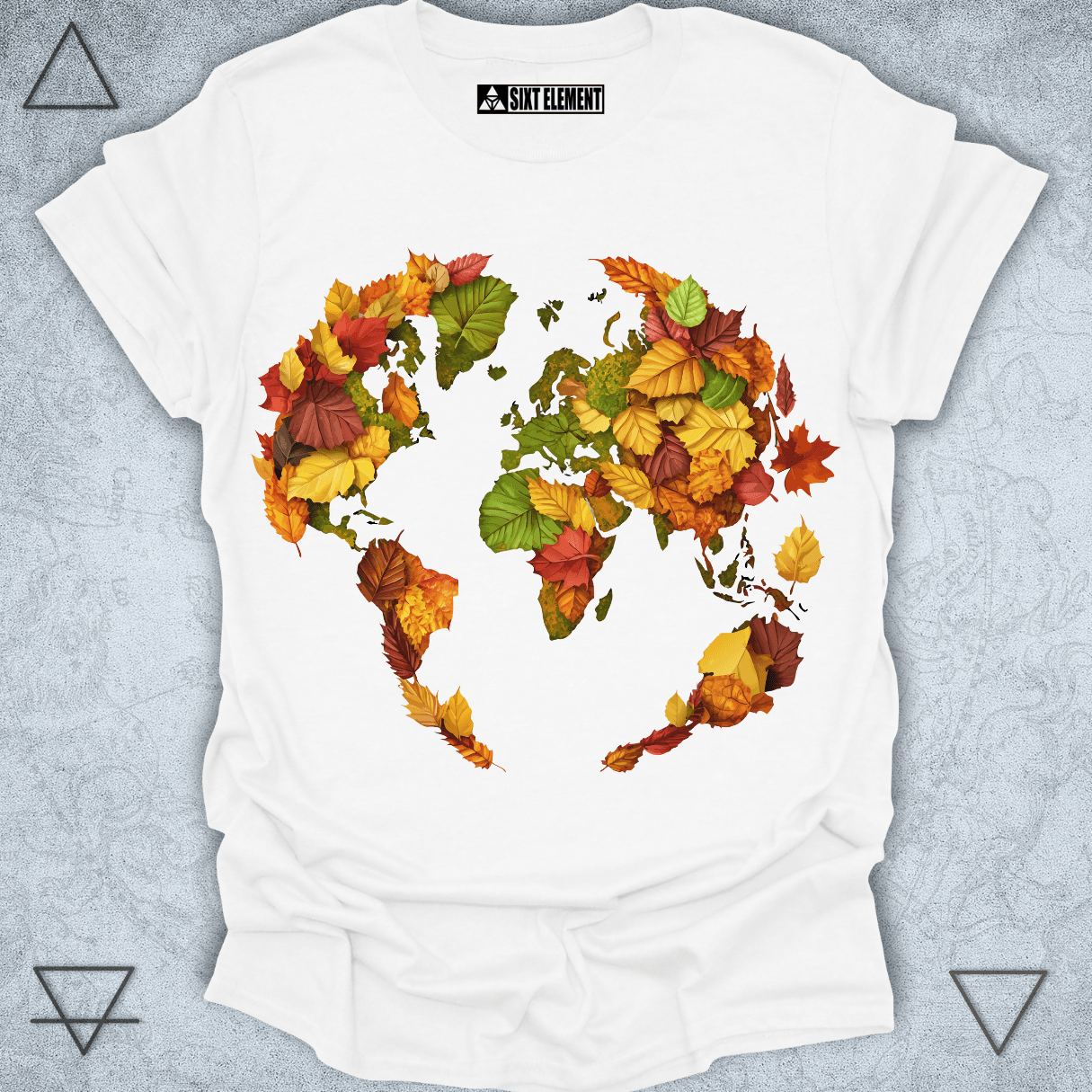 Boho earth element t-shirt design featuring a world map made of colorful autumn leaves