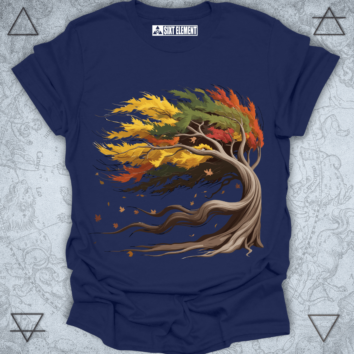 Windy fall tree with colorful leaves design on premium quality t-shirt inspired by autumn nature
