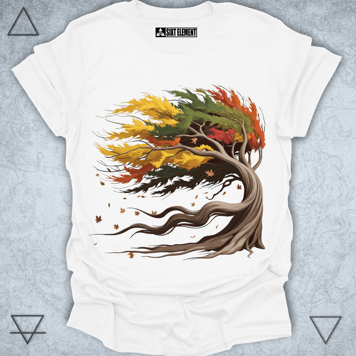 Windy fall tree with colorful leaves design on premium quality t-shirt inspired by autumn nature