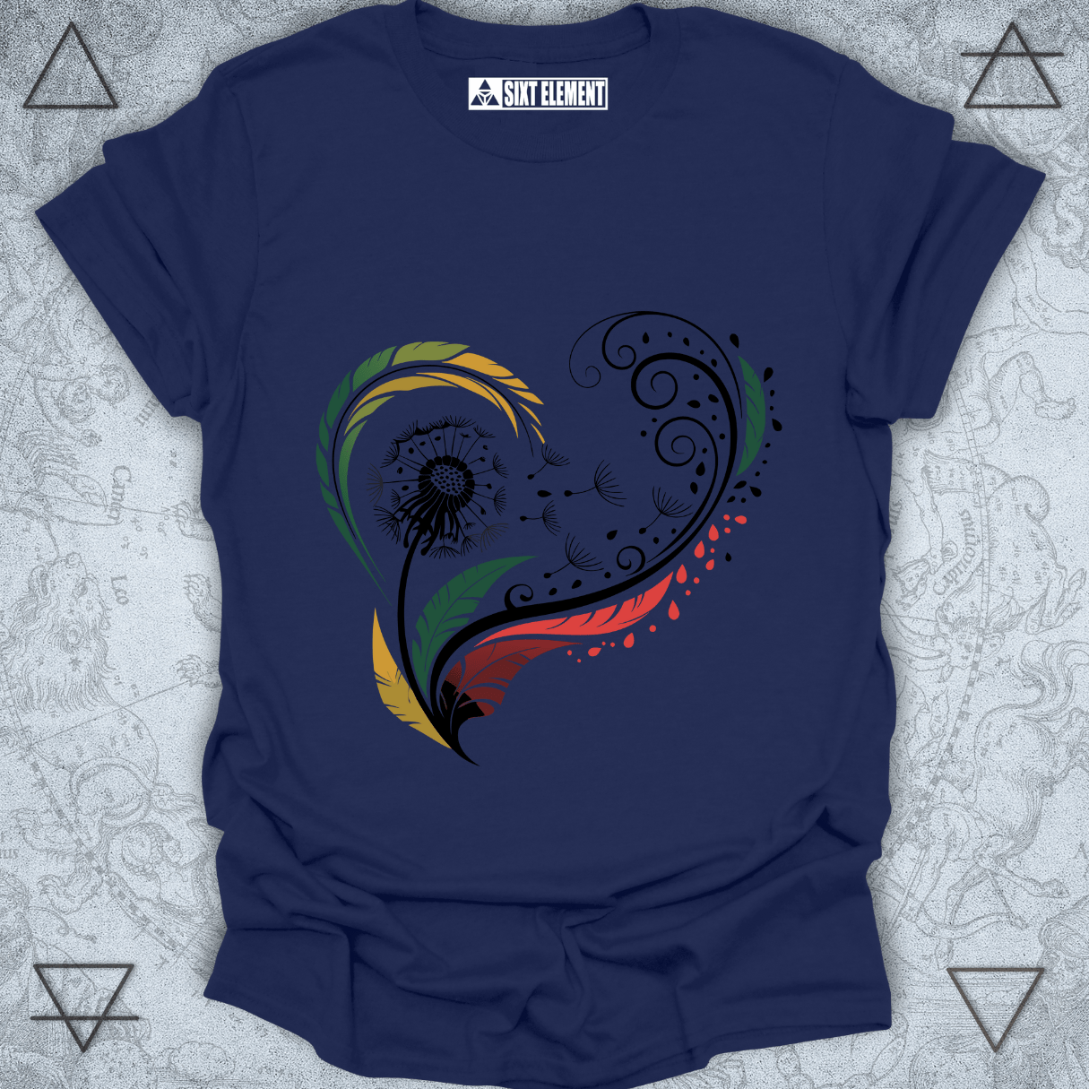 Autumn heart design with feathers and dandelion on premium quality t-shirt inspired by nature and seasonal change.