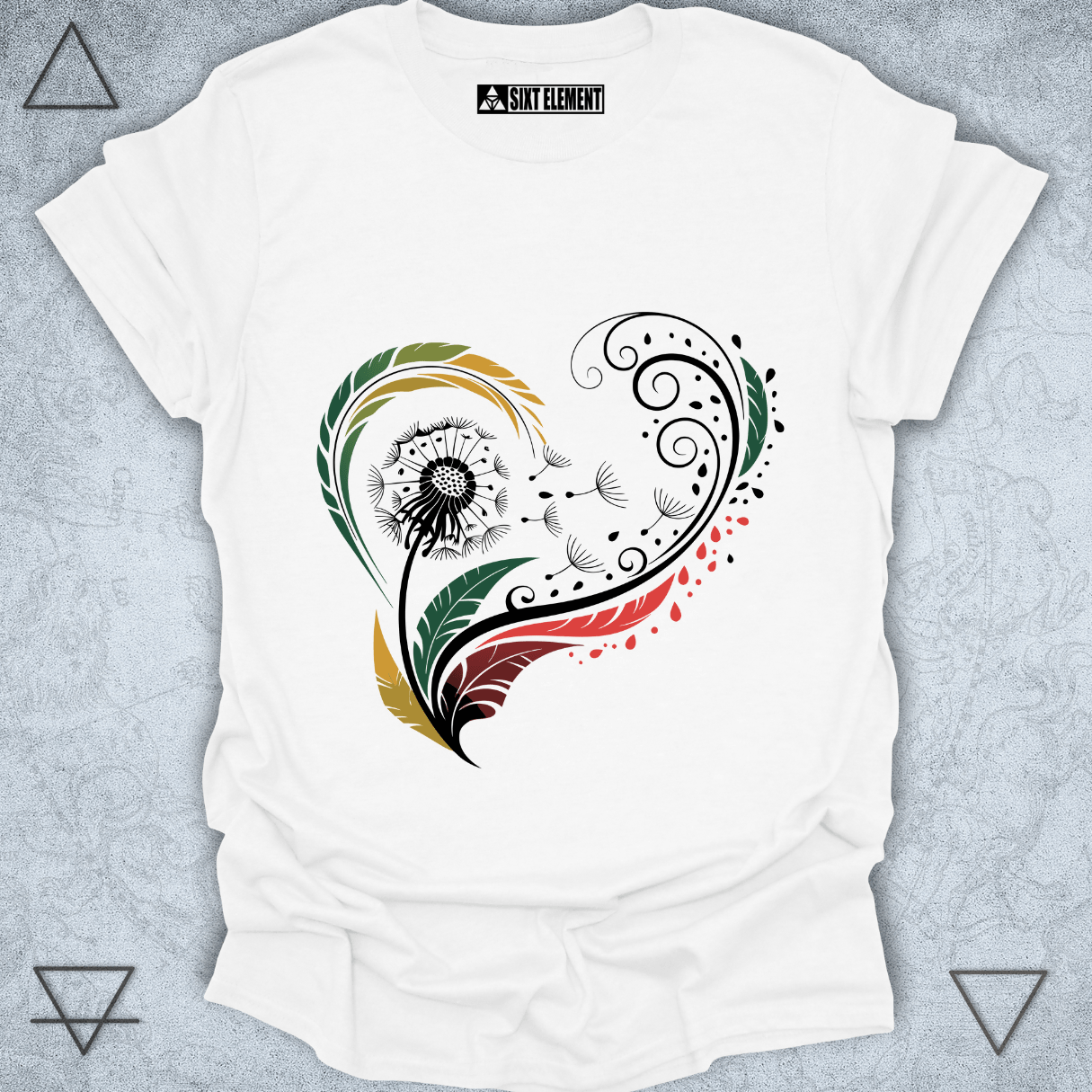 Autumn heart design with feathers and dandelion on premium quality t-shirt inspired by nature and seasonal change.