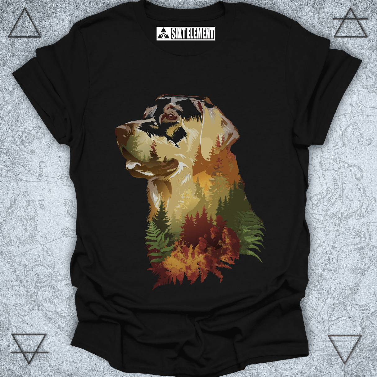 Labrador dog with autumn forest double exposure on premium quality t-shirt design for dog and nature lovers.