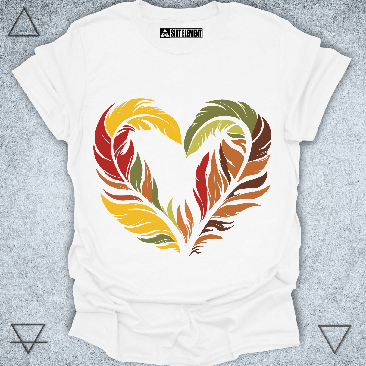 Heart made of colorful autumn feathers on premium quality t-shirt – elemental fall-themed design.