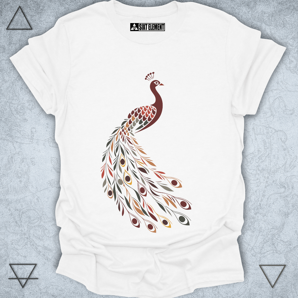 Boho autumn peacock t-shirt with earthy feather tail design – premium fall fashion nature-inspired tee.
