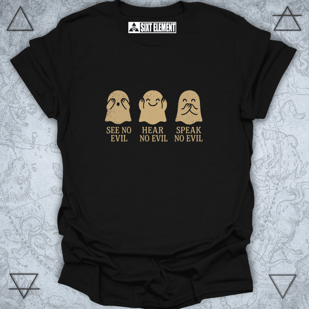 Black t-shirt with yellow graphic and text 'See No Evil, Hear No Evil, Speak No Evil' on a gray background.