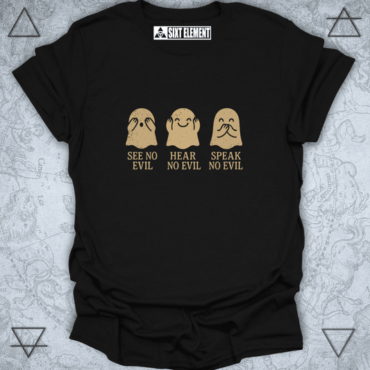 Black t-shirt with yellow graphic and text 'See No Evil, Hear No Evil, Speak No Evil' on a gray background.