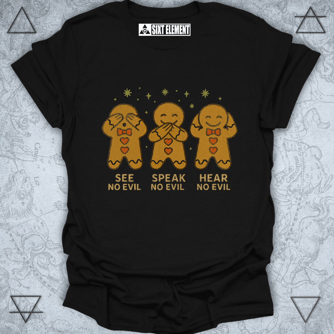 Black t-shirt with gingerbread men design and 'Sixt Element' branding on a textured background.