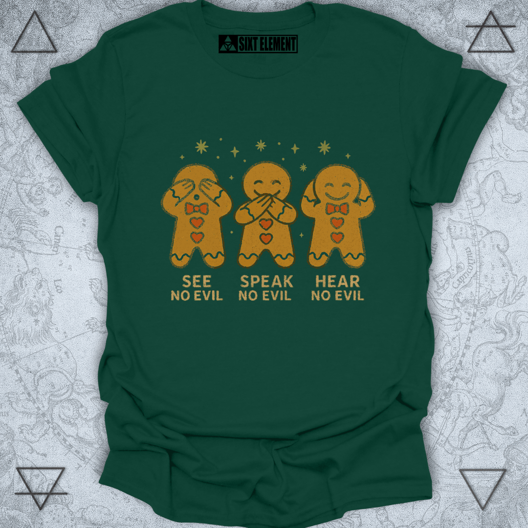 Green t-shirt with gingerbread men design and text on a green  background