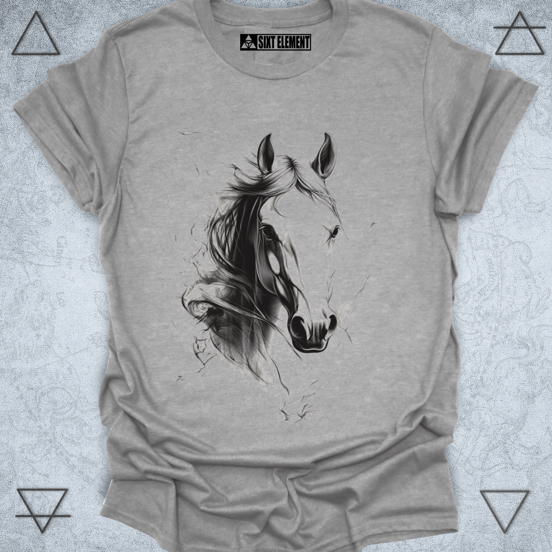 Gray t-shirt with a horse graphic design on a textured gray background