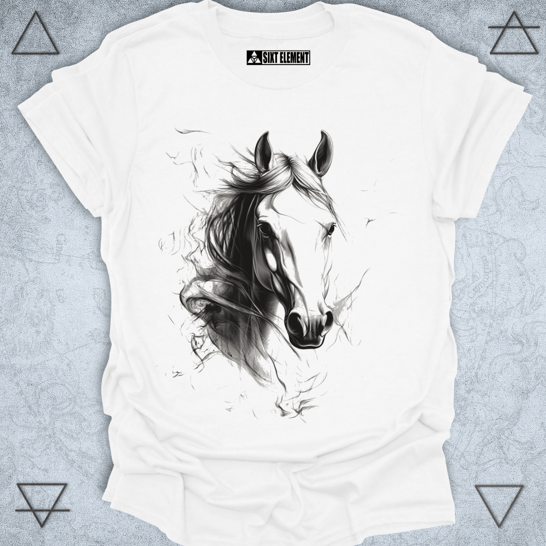 White t-shirt with a black and white horse graphic on a textured gray background