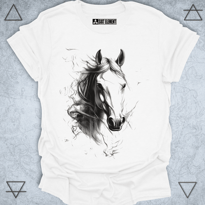 White t-shirt with a black and white horse graphic on a textured gray background