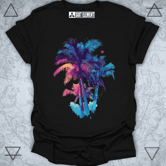 Black t-shirt with colorful palm tree design on a textured gray background