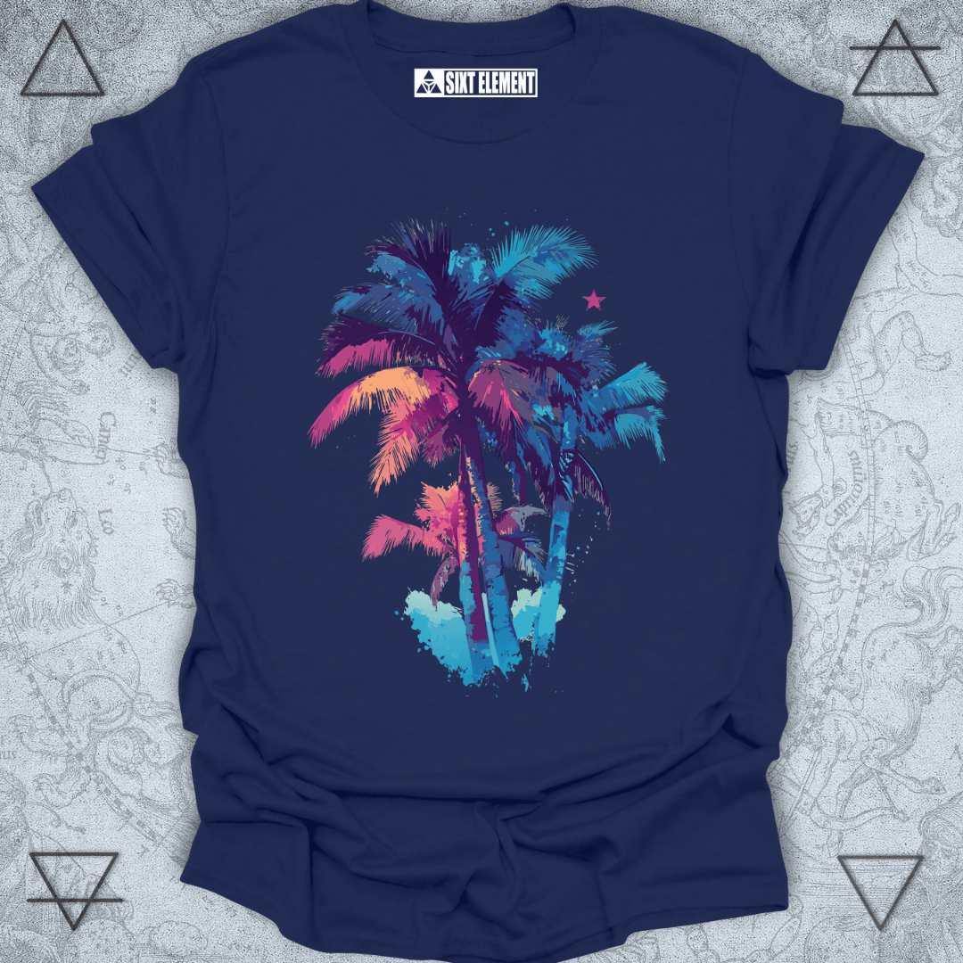 Navy blue t-shirt with colorful palm tree design on a textured gray background