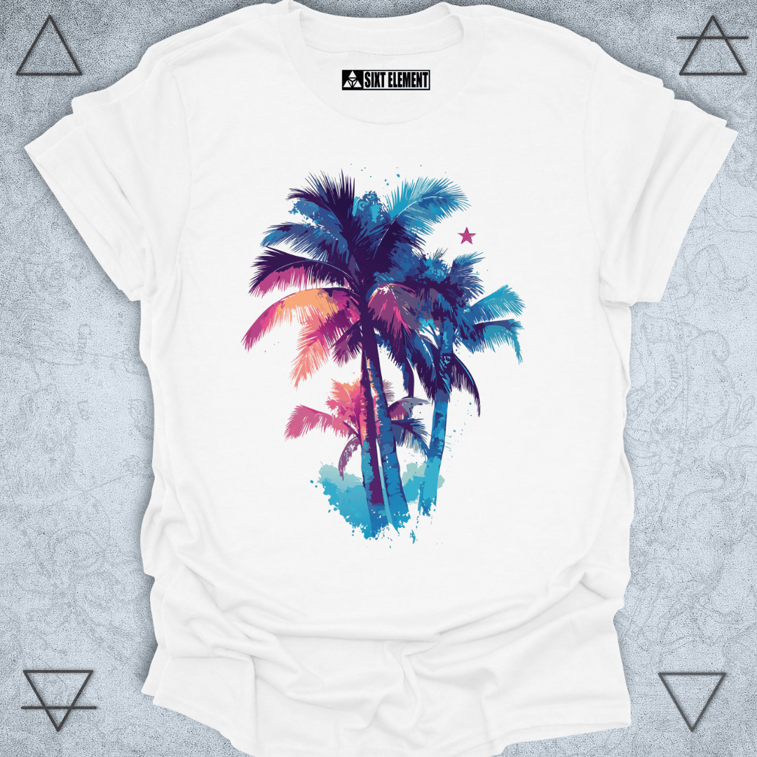 White t-shirt with colorful palm tree design on a gray background