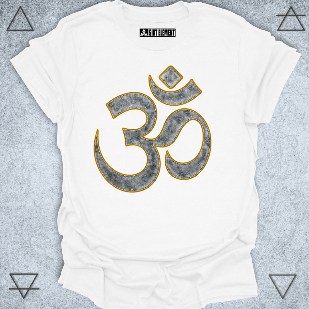 Distressed Om symbol in black and gold for yoga and spiritual T-shirt design, featuring vintage texture on a WHITE background representing mindfulness, meditation, and sacred sound