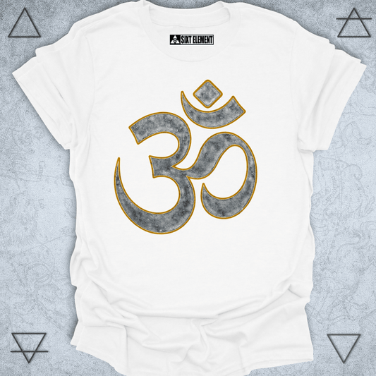 Distressed Om symbol in black and gold for yoga and spiritual T-shirt design, featuring vintage texture on a WHITE background representing mindfulness, meditation, and sacred sound
