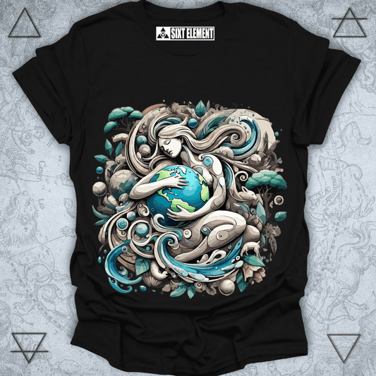 Surreal Mother Earth t-shirt design featuring a goddess figure embracing the planet, surrounded by flowing natural elements, wildlife, and intricate organic patterns.
