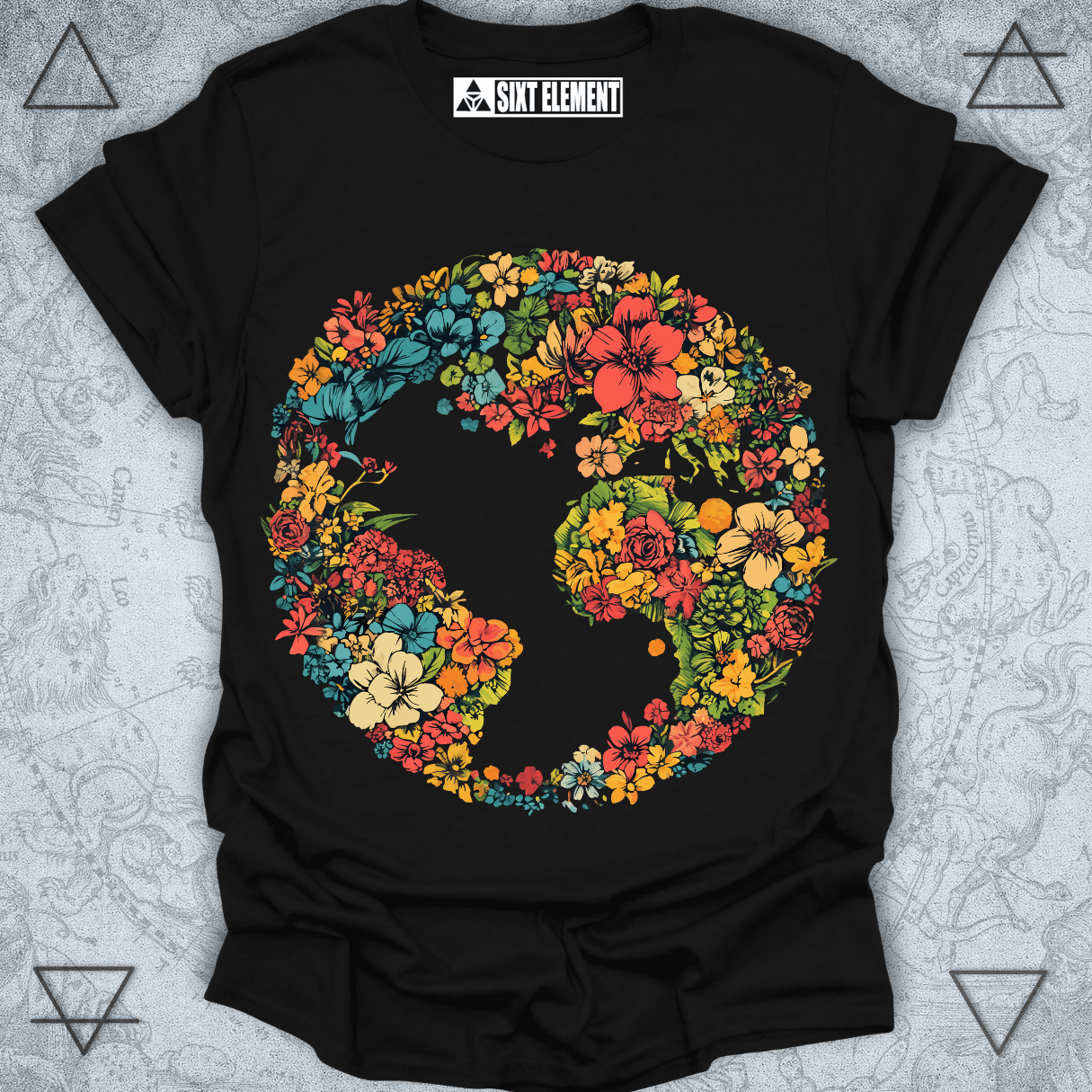Boho floral earth t-shirt with botanical globe design