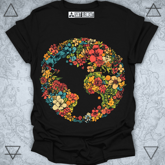 Boho floral earth t-shirt with botanical globe design