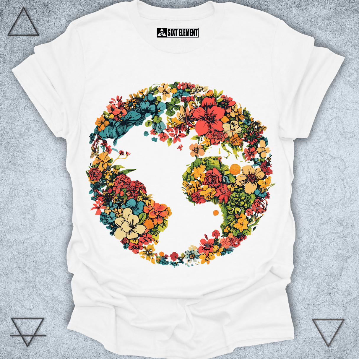 Boho floral earth t-shirt with botanical globe design