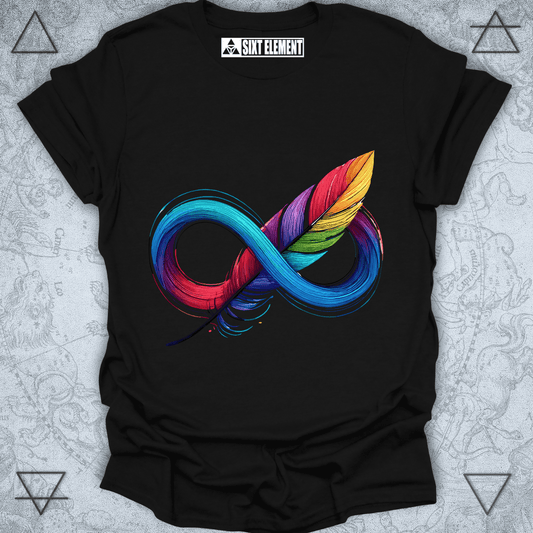 Colorful infinity feather design for boho t-shirt representing balance and freedom