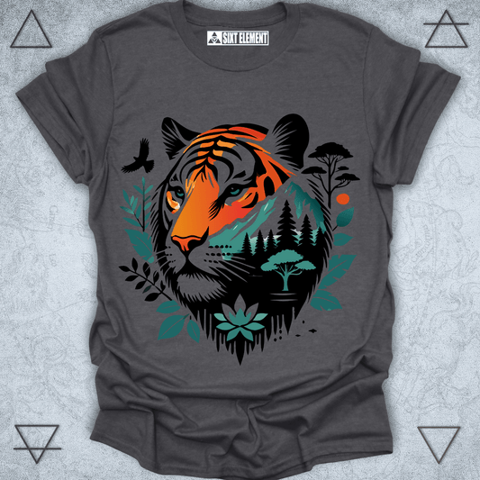 Boho tiger jungle t-shirt design with spiritual nature and wildlife elements