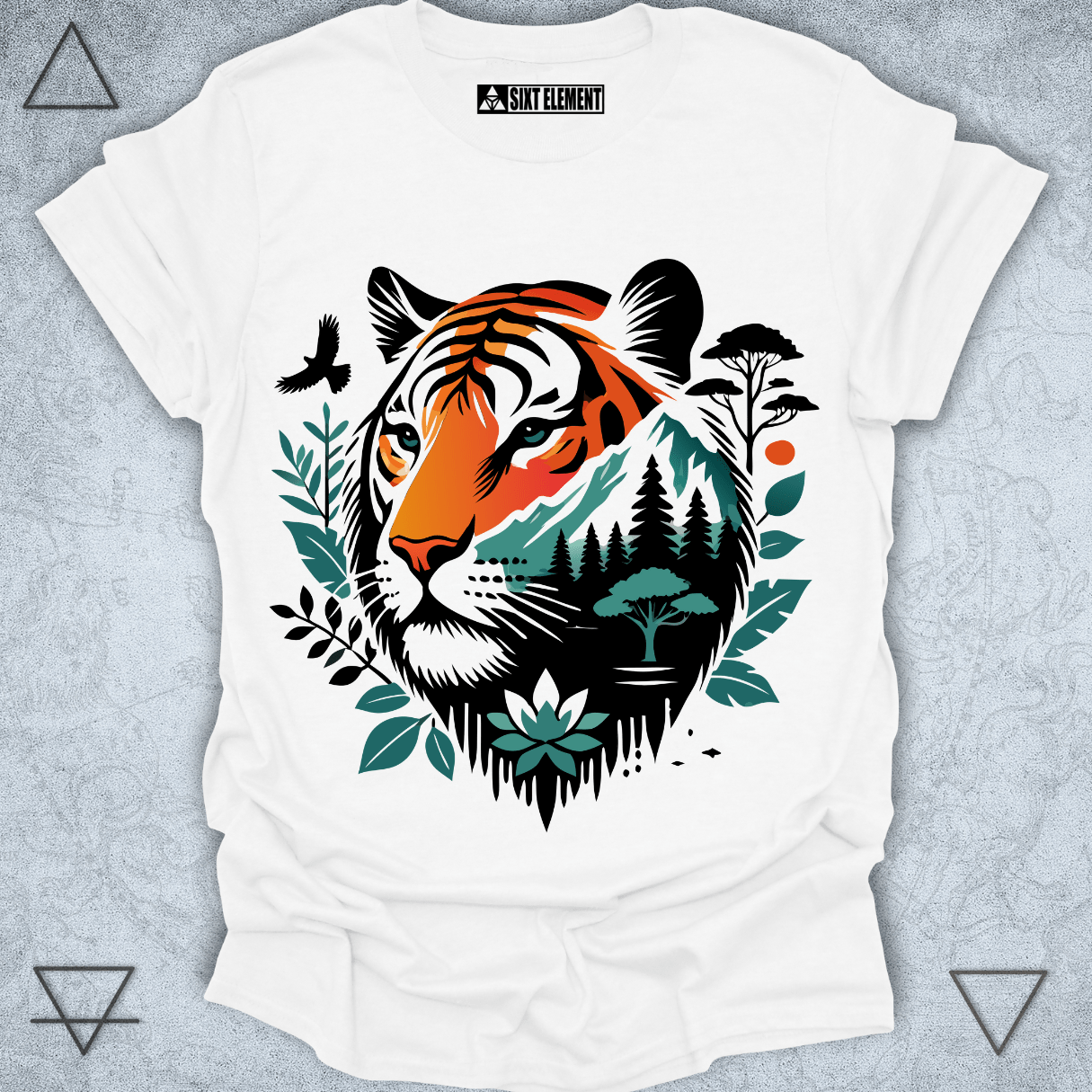 Boho tiger jungle t-shirt design with spiritual nature and wildlife elements