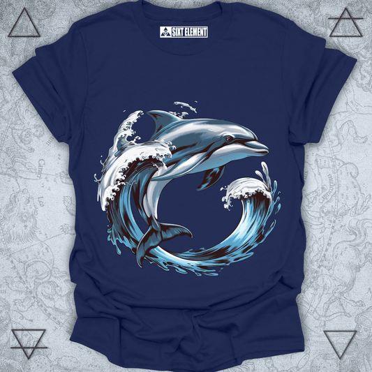 Boho ocean element t-shirt design with dolphin leaping through waves
